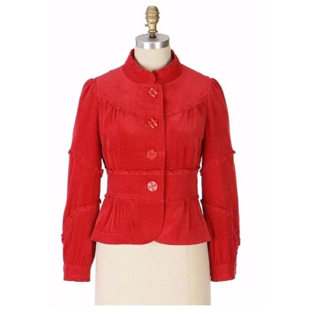 Anthropologie Elevenses Jacket Short Red Corduroy Sz 6 Ruffle Trim Victorian